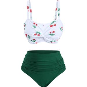 ROSE GAL Women Plus Size High Waisted Bikini Set Cherry Print Twsit Front Tummy Control Bathing Suit(Green)