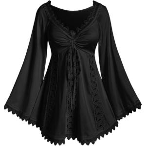 ROSE GAL Women Plus Size Lace Trim Hollow Out Cinched Flare Sleeves T-Shirt Bell Sleeves Renaissance Top(Black_1)