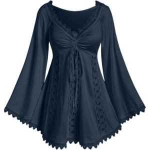 ROSE GAL Women Plus Size Lace Trim Hollow Out Cinched Flare Sleeves T-Shirt Bell Sleeves Renaissance Top(Blue_1)