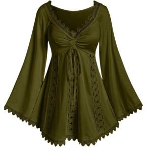 ROSE GAL Women Plus Size Lace Trim Hollow Out Cinched Flare Sleeves T-Shirt Bell Sleeves Renaissance Top(Green_2)