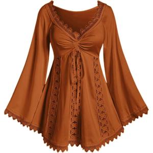 ROSE GAL Women Plus Size Lace Trim Hollow Out Cinched Flare Sleeves T-Shirt Bell Sleeves Renaissance Top(Orange_1)