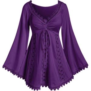 ROSE GAL Women Plus Size Lace Trim Hollow Out Cinched Flare Sleeves T-Shirt Bell Sleeves Renaissance Top(Purple_1)