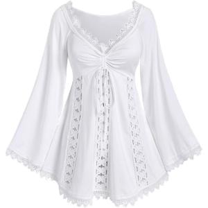 ROSE GAL Women Plus Size Lace Trim Hollow Out Cinched Flare Sleeves T-Shirt Bell Sleeves Renaissance Top(White_1)
