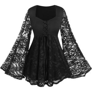 ROSE GAL Women Plus Size Lace-up Gothic Witch Halloween Costume Bell Sleeves T-Shirt(Black_1)