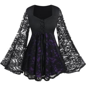 ROSE GAL Women Plus Size Lace-up Gothic Witch Halloween Costume Bell Sleeves T-Shirt(Black_2)
