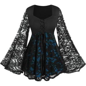 ROSE GAL Women Plus Size Lace-up Gothic Witch Halloween Costume Bell Sleeves T-Shirt(Blue_1)