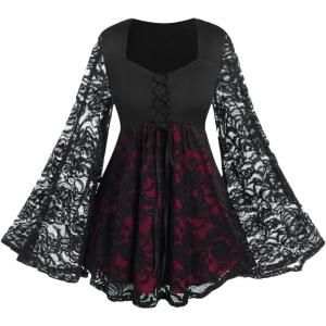ROSE GAL Women Plus Size Lace-up Gothic Witch Halloween Costume Bell Sleeves T-Shirt(Red_1)