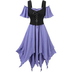 ROSE GAL Women Plus Size Medieval Renaissance Cold Shoulder Textured Crinkly Layered Lace-up Corset Dress(Light Purple)