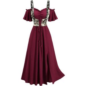 ROSE GAL Women Plus Size Medieval Renaissance Costume Cold Shoulder Textured Crinkly Maxi Corset Dress(Red)