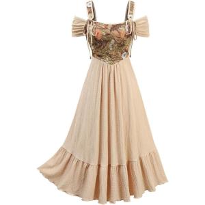 ROSE GAL Women Plus Size Medieval Renaissance Costume Maxi Corset Dress with Pockets(Khaki)