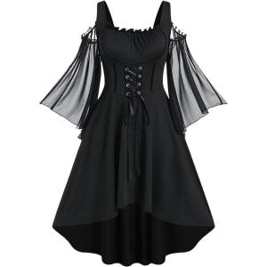 ROSE GAL Women Plus Size Punk Cold Shoulder Flare Sleeves Lace Gothic Dress(Black_1)