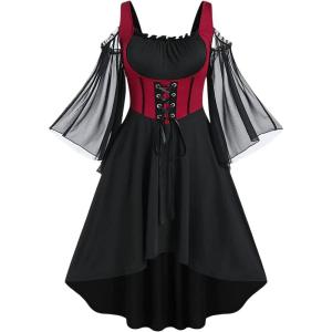 ROSE GAL Women Plus Size Punk Cold Shoulder Flare Sleeves Lace Gothic Dress(Black-217)