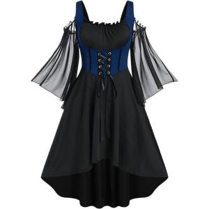 ROSE GAL Women Plus Size Punk Cold Shoulder Flare Sleeves Lace Gothic Dress(Black_304)