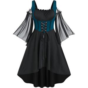 ROSE GAL Women Plus Size Punk Cold Shoulder Flare Sleeves Lace Gothic Dress(Blue_1)