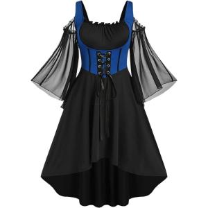 ROSE GAL Women Plus Size Punk Cold Shoulder Flare Sleeves Lace Gothic Dress(Blue_2)