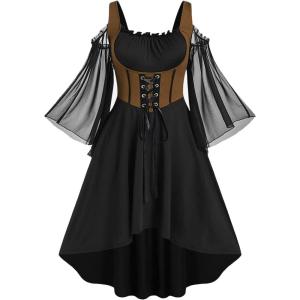 ROSE GAL Women Plus Size Punk Cold Shoulder Flare Sleeves Lace Gothic Dress(Coffee_1)