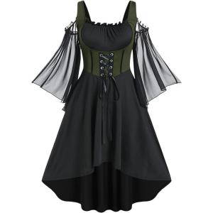 ROSE GAL Women Plus Size Punk Cold Shoulder Flare Sleeves Lace Gothic Dress(Green_1)