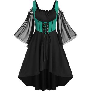 ROSE GAL Women Plus Size Punk Cold Shoulder Flare Sleeves Lace Gothic Dress(Green_2)