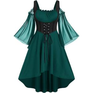 ROSE GAL Women Plus Size Punk Cold Shoulder Flare Sleeves Lace Gothic Dress(Green_4)