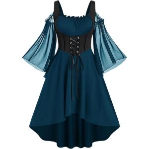 ROSE GAL Women Plus Size Punk Cold Shoulder Flare Sleeves Lace Gothic Dress(Green_5)