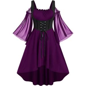 ROSE GAL Women Plus Size Punk Cold Shoulder Flare Sleeves Lace Gothic Dress(Purple_2)