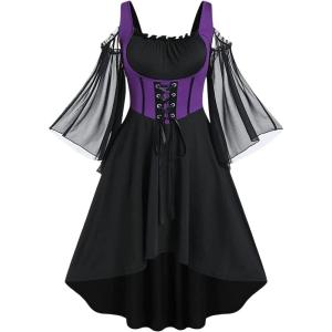 ROSE GAL Women Plus Size Punk Cold Shoulder Flare Sleeves Lace Gothic Dress(Purple-214)