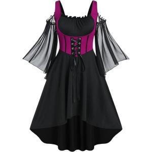 ROSE GAL Women Plus Size Punk Cold Shoulder Flare Sleeves Lace Gothic Dress(Red_2)