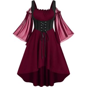 ROSE GAL Women Plus Size Punk Cold Shoulder Flare Sleeves Lace Gothic Dress(Red_3)