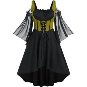 ROSE GAL Women Plus Size Punk Cold Shoulder Flare Sleeves Lace Gothic Dress(Yellow_1)