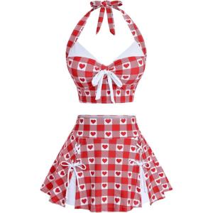 ROSE GAL Women Plus Size Retro Bikini Gingham Two Piece Swimsuit with Skirt Halter Tummy Control Bathing Suit(Red)