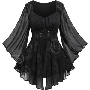 ROSE GAL Women Plus Size Romantic Gothic Lace-up Bell Sleeves Tee Flare Sleeves Renaissance Top Goth Costume Top(Black_1)