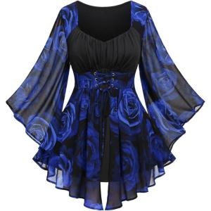 ROSE GAL Women Plus Size Romantic Gothic Lace-up Bell Sleeves Tee Flare Sleeves Renaissance Top Goth Costume Top(Blue_1)