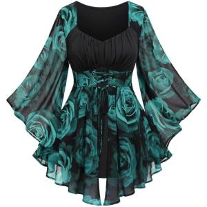 ROSE GAL Women Plus Size Romantic Gothic Lace-up Bell Sleeves Tee Flare Sleeves Renaissance Top Goth Costume Top(Green_1)