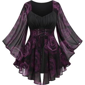 ROSE GAL Women Plus Size Romantic Gothic Lace-up Bell Sleeves Tee Flare Sleeves Renaissance Top Goth Costume Top(Purple_1)