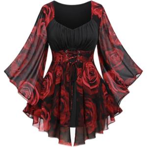 ROSE GAL Women Plus Size Romantic Gothic Lace-up Bell Sleeves Tee Flare Sleeves Renaissance Top Goth Costume Top(Red_1)