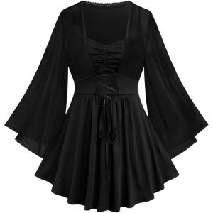 ROSE GAL Women Plus Size Romantic Gothic Lace-up Mesh Bell Sleeves Tee Renaissance Top Gothic Top(Black_1)
