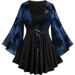 ROSE GAL Women Plus Size Romantic Gothic Lace-up Mesh Bell Sleeves Tee Renaissance Top Gothic Top(Blue_1)