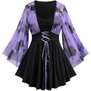 ROSE GAL Women Plus Size Romantic Gothic Lace-up Mesh Bell Sleeves Tee Renaissance Top Gothic Top(Purple_1)