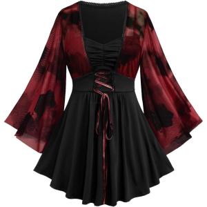 ROSE GAL Women Plus Size Romantic Gothic Lace-up Mesh Bell Sleeves Tee Renaissance Top Gothic Top(Red_1)