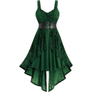 ROSE GAL Women Plus Size Sleeveless Glitter Floral Flocking Layered High Low A Line Midi Goth Dress(Green)