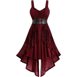 ROSE GAL Women Plus Size Sleeveless Glitter Floral Flocking Layered High Low A Line Midi Goth Dress(Red)