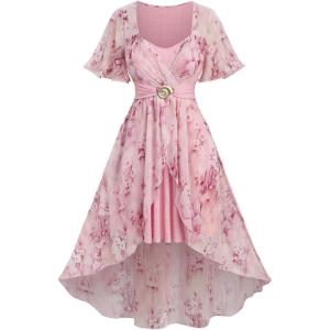 ROSE GAL Women Plus Size Summer Cottagecore Dress Floral Print High Low Hem 2 in 1 Vacation Sundress(Pink)