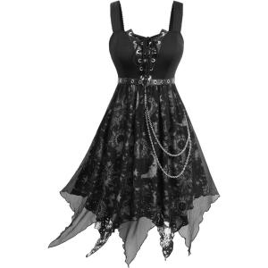 ROSE GAL Women Plus Size Sun Moon Star Goth Dress Chains Lace-up Grommet Sleeveless Midi Dress(Black_1)