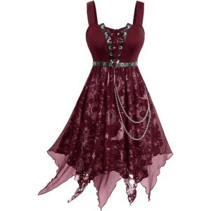 ROSE GAL Women Plus Size Sun Moon Star Goth Dress Chains Lace-up Grommet Sleeveless Midi Dress(Red_1)