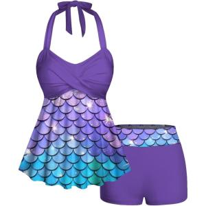 ROSE GAL Women Plus Size Two Piece Tankini Swimsuit Set 3D Mermaid Print Halter Backless Twist Padded Swimwear(Purple_1)
