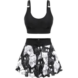 ROSE GAL Women Plus Size Two Piece Tankini Swimsuit Set Funny Cats Printed 2 Piece Bathing Suits(Black_1)