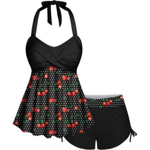 ROSE GAL Women Plus Size Two Piece Tankini Swimsuits Retro Cherry Dots Print Halter Cinched Ruched Modest Bathing Suits(Black)