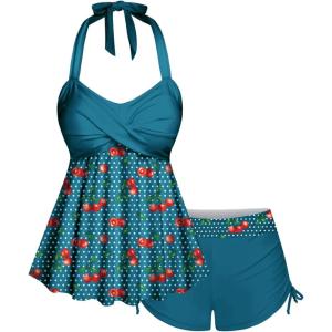 ROSE GAL Women Plus Size Two Piece Tankini Swimsuits Retro Cherry Dots Print Halter Cinched Ruched Modest Bathing Suits(Blue_2)