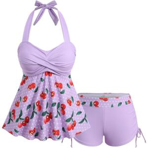 ROSE GAL Women Plus Size Two Piece Tankini Swimsuits Retro Cherry Dots Print Halter Cinched Ruched Modest Bathing Suits(Pink)