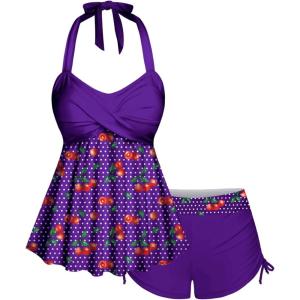 ROSE GAL Women Plus Size Two Piece Tankini Swimsuits Retro Cherry Dots Print Halter Cinched Ruched Modest Bathing Suits(Purple)